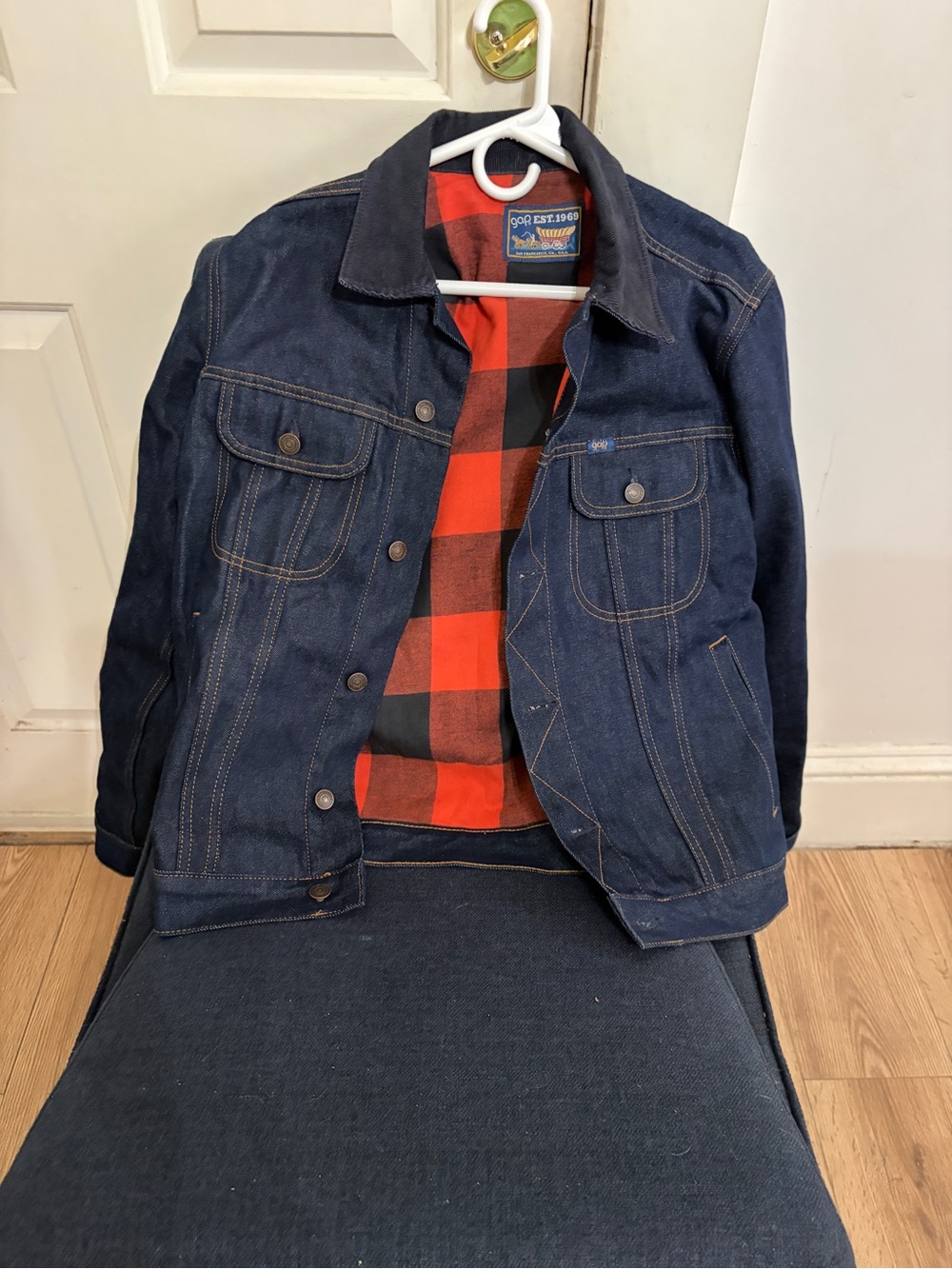 GAP Navy Denim Jacket with Red Black Plaid Lining
